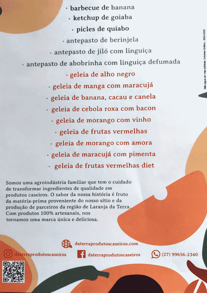 Catálogo Da Terra com molhos, antepastos, picles de quiabo e geleias artesanais.